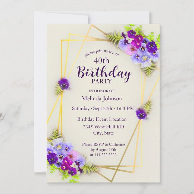 Invitación Pansy Floral Geométrico Cumpleaños 40 (Anverso)