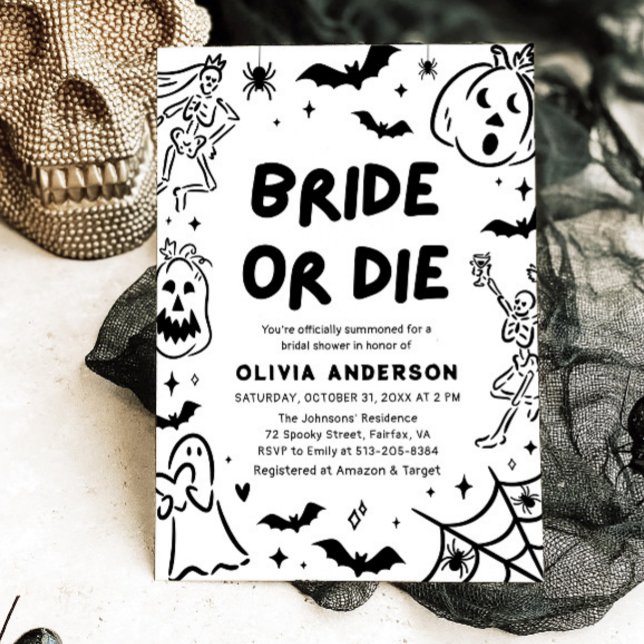 Invitación Pantalón de Halloween con esqueleto de la mano fan (Hand Drawn Halloween Skeleton Ghost Bridal Shower Invitation)