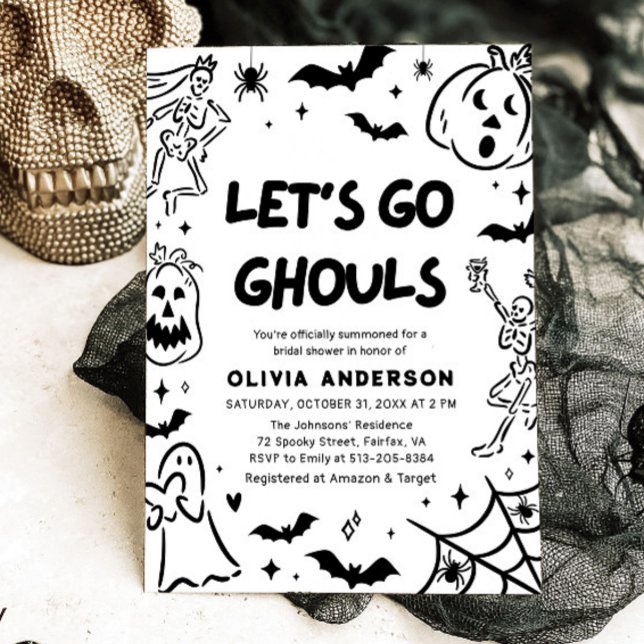 Invitación Pantalón de Halloween con esqueleto de la mano fan (Hand Drawn Halloween Skeleton Ghost Bridal Shower Invitation)