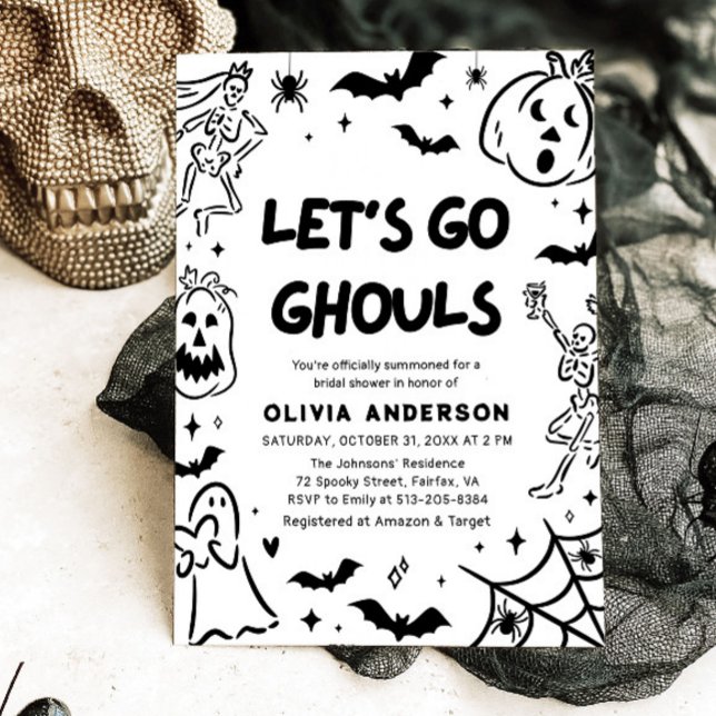 Invitación Pantalón de Halloween con esqueleto de la mano fan (Hand Drawn Halloween Skeleton Ghost Bridal Shower Invitation)