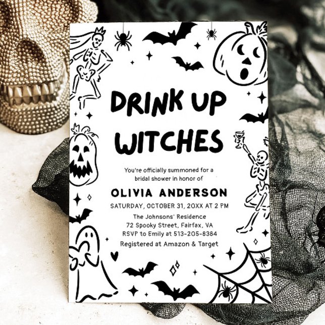 Invitación Pantalón de Halloween con esqueleto de la mano fan (Hand Drawn Halloween Skeleton Ghost Bridal Shower Invitation)