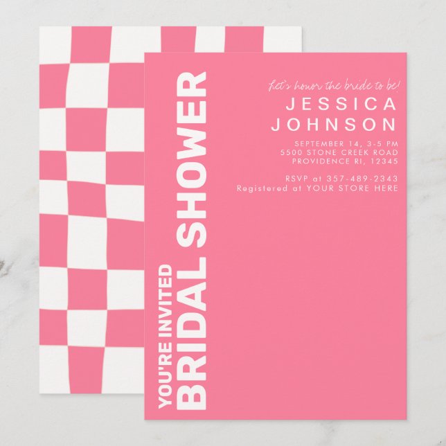 Invitación Pantalón retro blanco y rosado con ducha de novia (Anverso / Reverso)