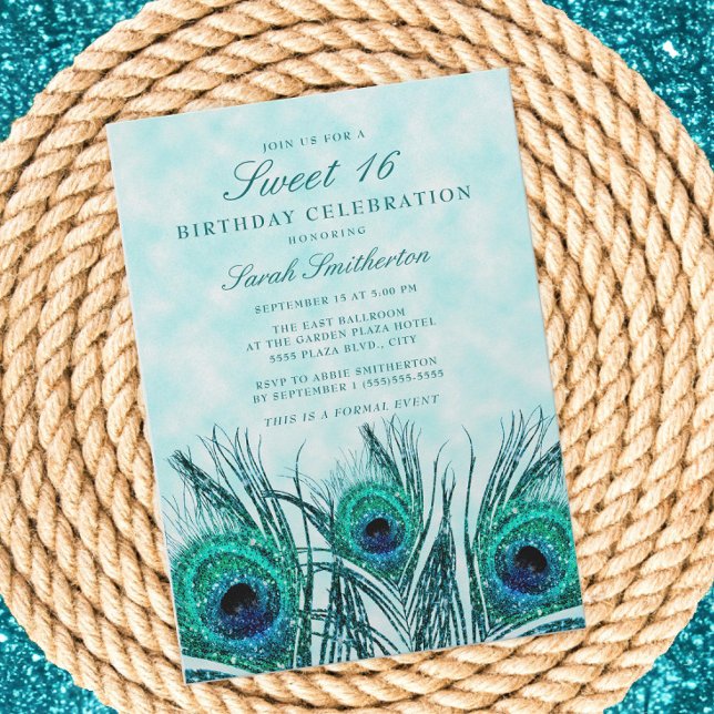 Invitación Pañuelas de pavo real azul Verde azuladas Purpurin (Teal peacock feathers Sweet 16 birthday invitation)