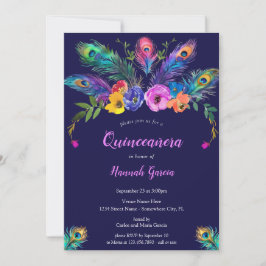 Invitación Pañuelas de pavo real y flores Quinceañera morada