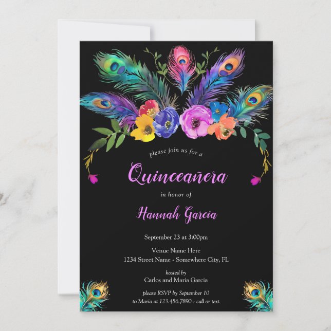 Invitación Pañuelas de pavo real y flores Quinceañera negra (Anverso)