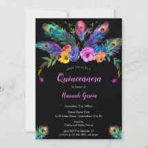 Pañuelas de pavo real y flores Quinceañera negra