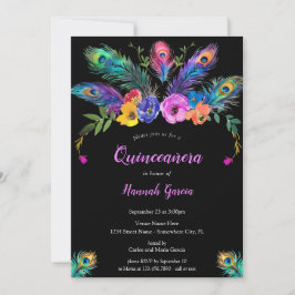 Invitación Pañuelas de pavo real y flores Quinceañera negra