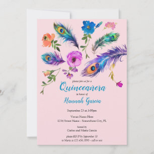 Invitación Pañuelas de pavo real y flores Rubor Quinceañera r