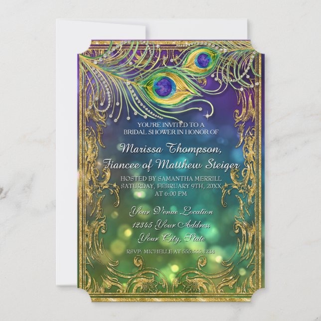 Invitación Pañuelo Peacock Jewel Sparkle Gold Bridal Shower (Anverso)