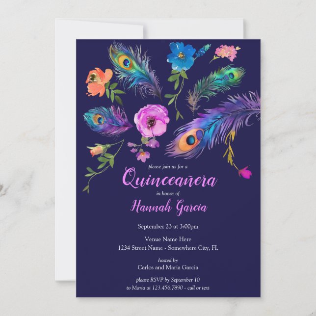 Invitación Pañuelos de pavo real y flores Fiesta de Quinceañe (Anverso)