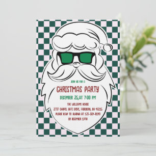 Invitación Papá Noel a cuadros verde y rosa retro Navidad 