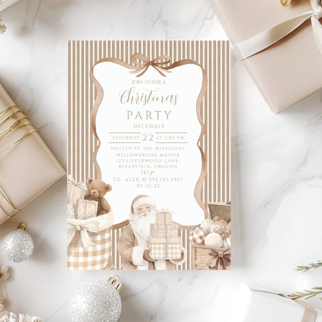 Invitación Papá Noel de Gingham Neutral Navidad (Subido por el creador)