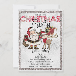 Invitación Papá Noel de Navidad plateado y Rudolph el Reno