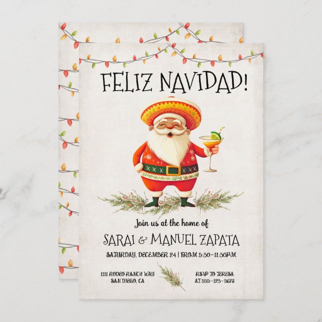 Invitación Papá Noel mexicano hispano Feliz Navidad Fiesta (Anverso / Reverso)