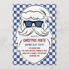 Invitación Papá Noel Retro Azul y Rosa a Cuadros Navidad