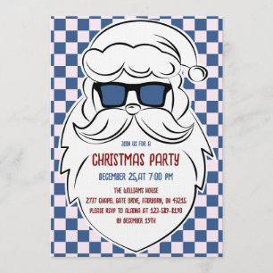 Invitación Papá Noel Retro Azul y Rosa a Cuadros Navidad