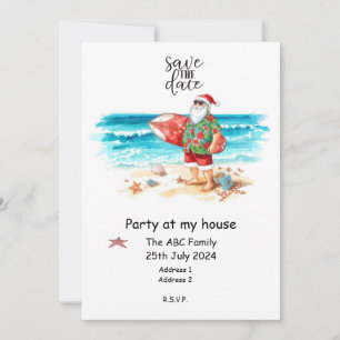 Invitación Papá Noel surfista Navidad de verano en julio