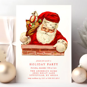 Invitación Papá Noel Vintage Chimenea Fiesta Retro de Vacacio