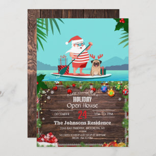Invitación Papá Noel y su pug en una tabla de surf