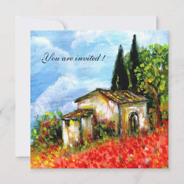 Invitación PAPAS TOSCANA LANDSCAPE Flores rojas Campos negros (Anverso)
