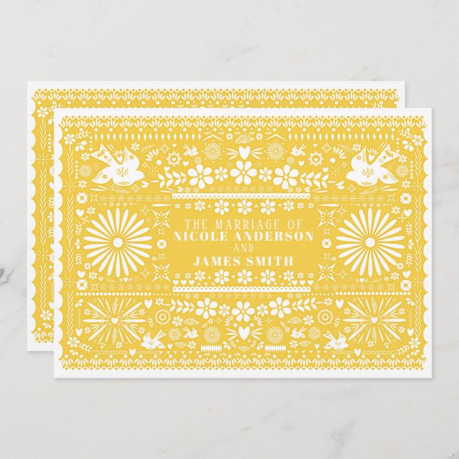Invitación Papel Amarillo Blanco Picado Mexicano Boda Matrimo (Anverso / Reverso)