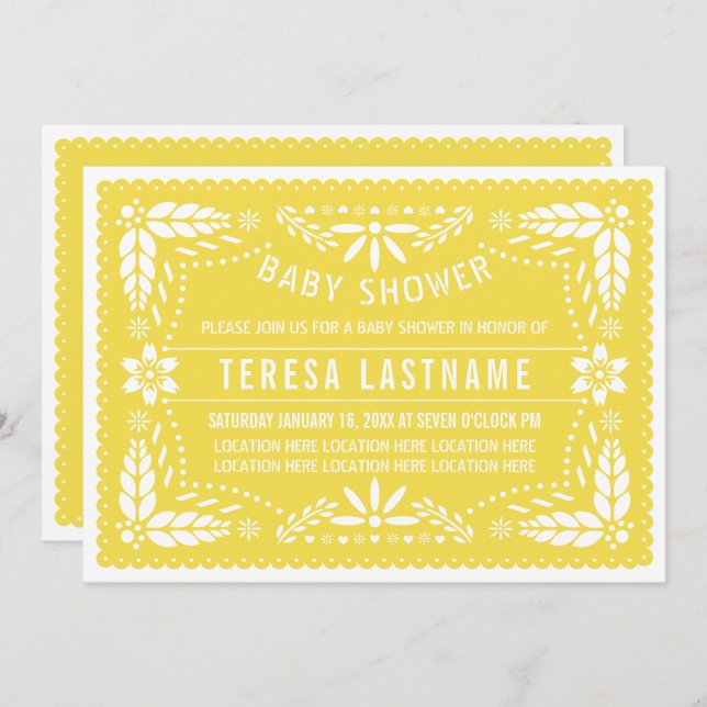 Invitación Papel amarillo picado ducha neutra mexicana para b (Anverso / Reverso)