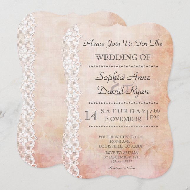 Invitación Papel antiguo romántico con Rosas y Boda de encaje (Anverso / Reverso)
