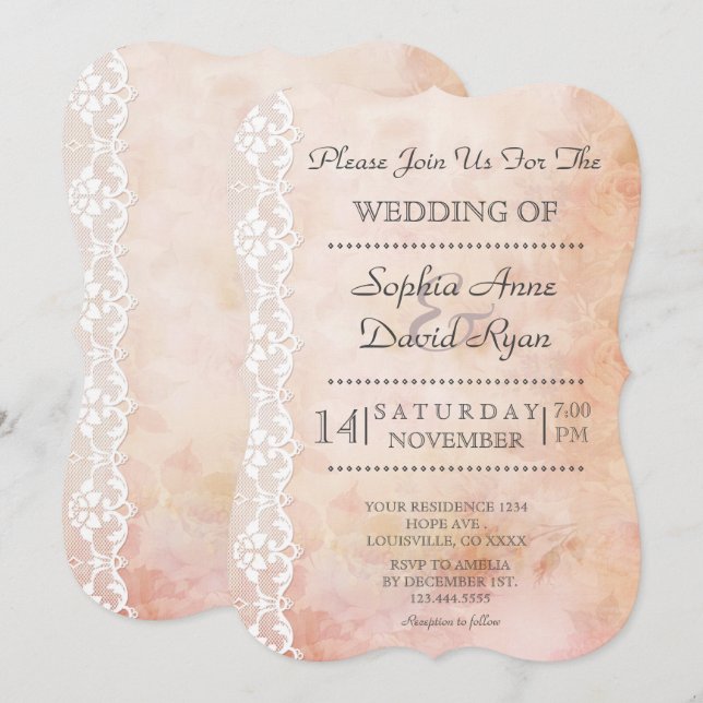 Invitación Papel antiguo romántico con Rosas y Boda de encaje (Anverso / Reverso)