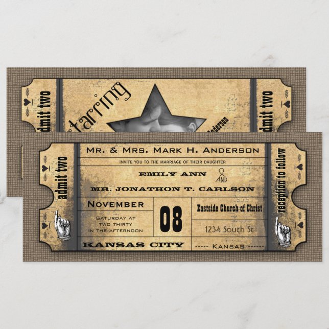 Invitación Papel Antiguo Tipografía Moderna Entrada Boda Vint (Anverso / Reverso)