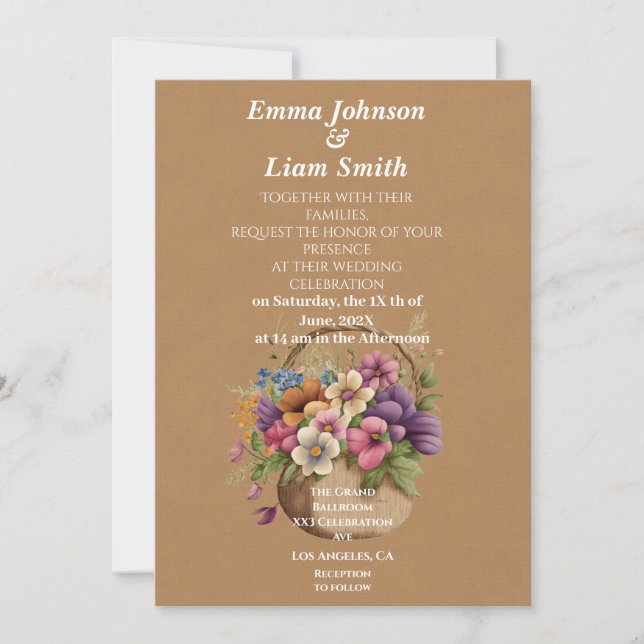 Invitación Papel artesanal marrón falso y boda de flores (Anverso)