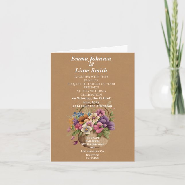 Invitación Papel artesanal marrón falso y boda de flores (Anverso)