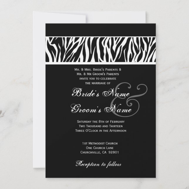 Invitación Papel blanco y negro de Boda de cebra (Anverso)