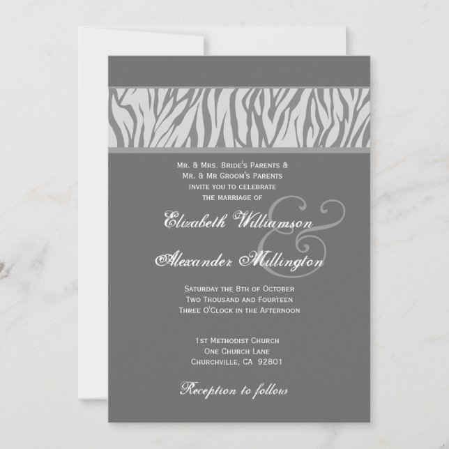 Invitación Papel Boda de cebra dorada y plateada (Anverso)