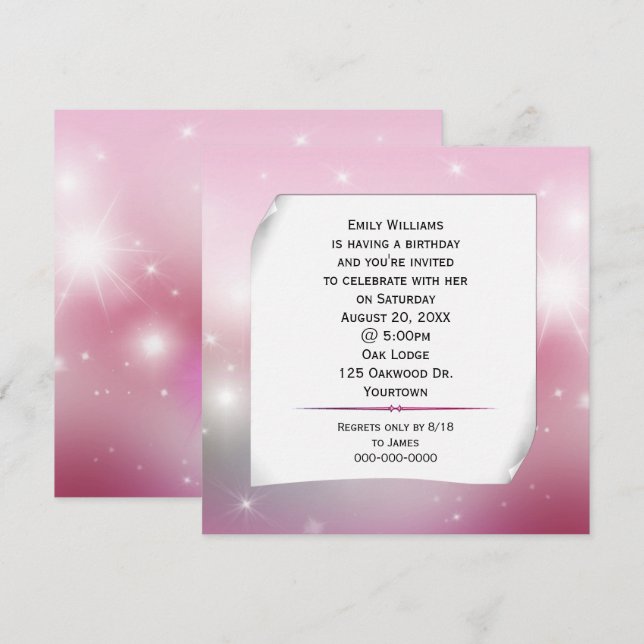 Invitación Papel curvo en las estrellas de Bokeh (Anverso / Reverso)