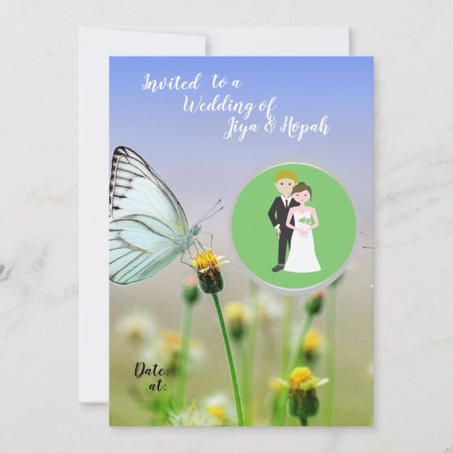 Invitación Papel de columna Pareja vintage Jardín Mariposa (Anverso)