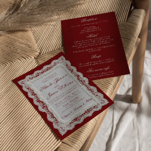 Invitación Papel de encaje Borgoña Dinero Antiguo Todo en Uno