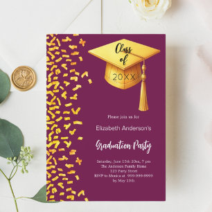 Invitación Papel de graduación de oro de Borgoña