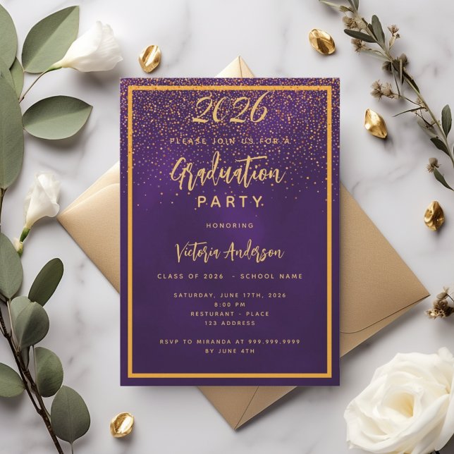 Invitación Papel de graduación de oro morado (Subido por el creador)