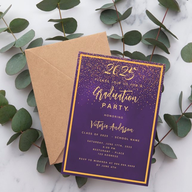 Invitación Papel de graduación de oro morado (Subido por el creador)