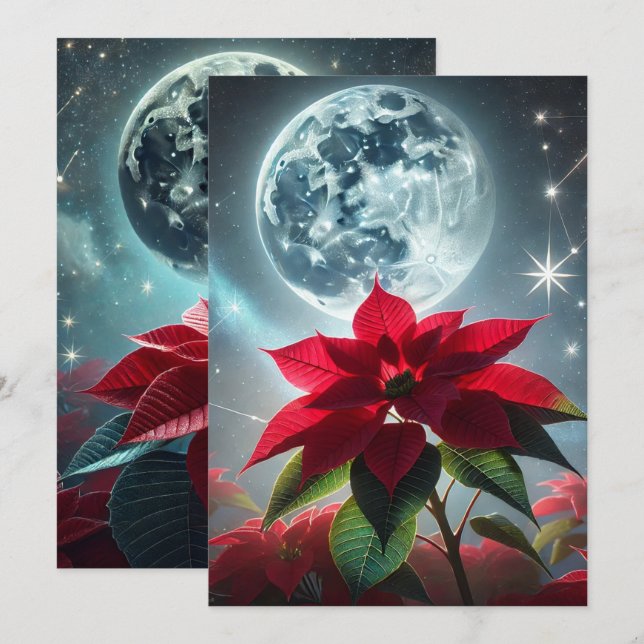 Invitación Papel de minigráfico de poinsettia con luz de luna (Anverso / Reverso)