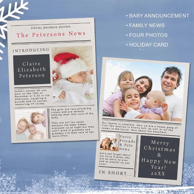 Invitación Papel de noticias de la familia navideña Foto Invi (baby announcement holiday card family news newspaper fun 4 photos funny cute gazette updates)