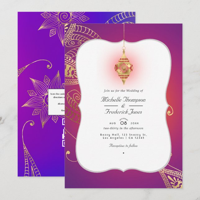 Invitación Papel de oro árabe Bollywood Código QR RSVP Boda (Anverso / Reverso)