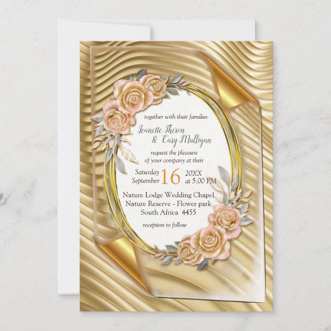 Invitación Papel de oro con Rosas elegantes (Anverso)