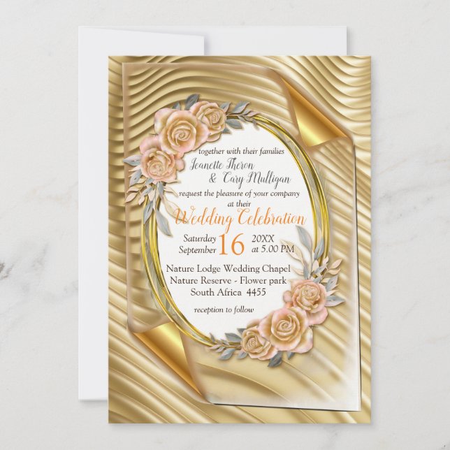Invitación Papel de oro con Rosas elegantes (Anverso)