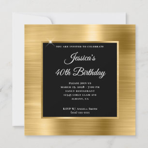 Invitación Papel de oro con superposición negra Cumpleaños 40