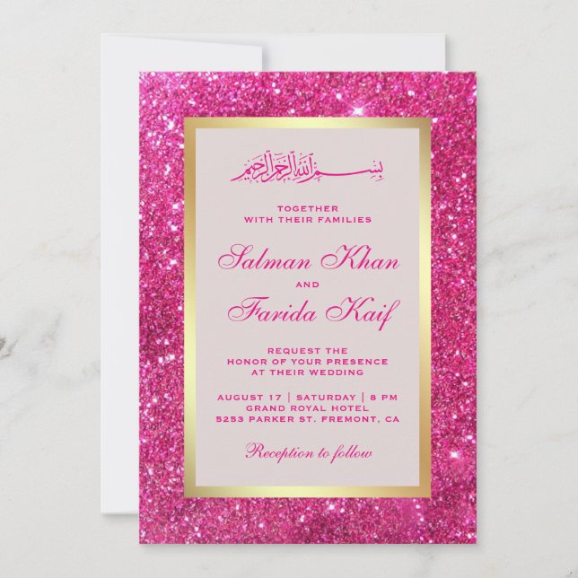 Invitación Papel de oro falso brillo rosa brillante Boda islá (Anverso)
