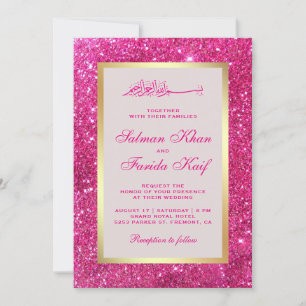 Invitación Papel de oro falso brillo rosa brillante Boda islá