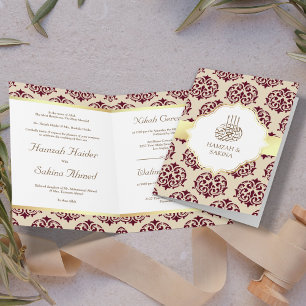 Invitación Papel de Oro Falso Damasco Rojo Burdeos Boda Musul