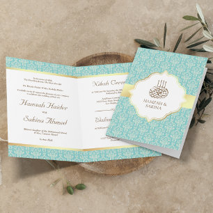 Invitación Papel de Oro Falso Luz Teal Damask Boda Musulmana