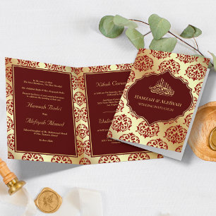 Invitación Papel de Oro Falso Rojo Granate Damascado Boda Mus